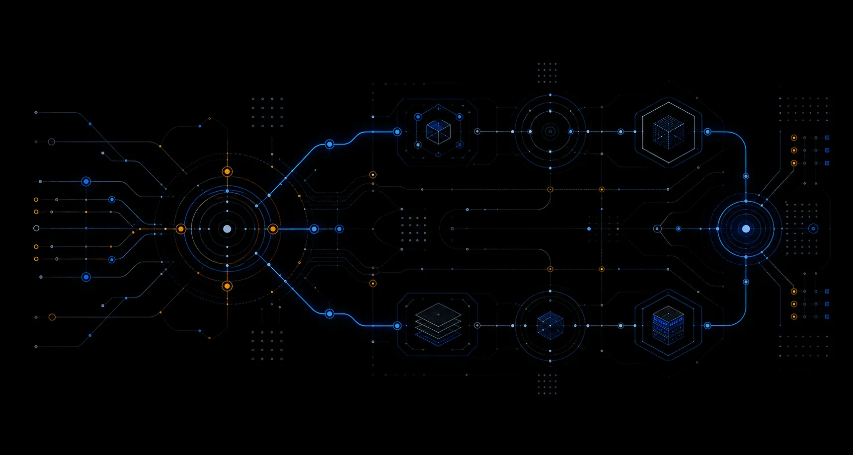 Two cobalt service paths branching from a shared amber decision core